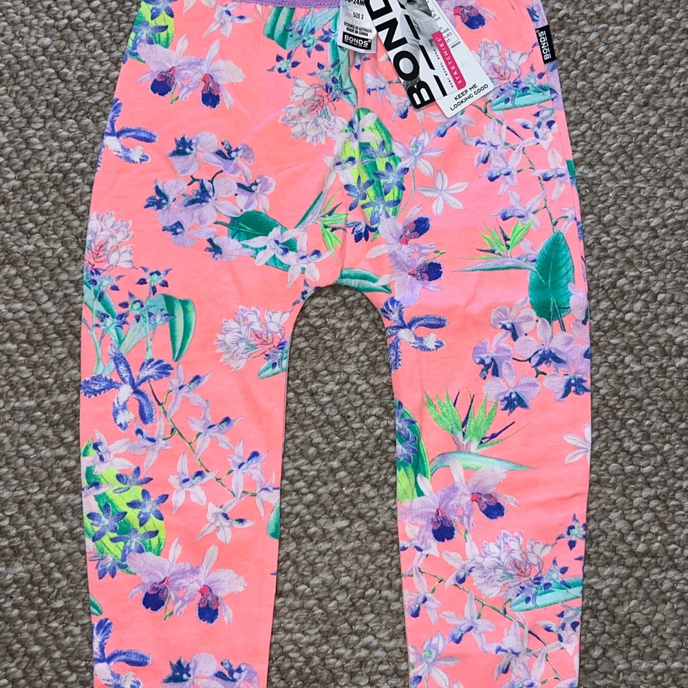 Bonds Kids Leggings - Coral with Floral Print